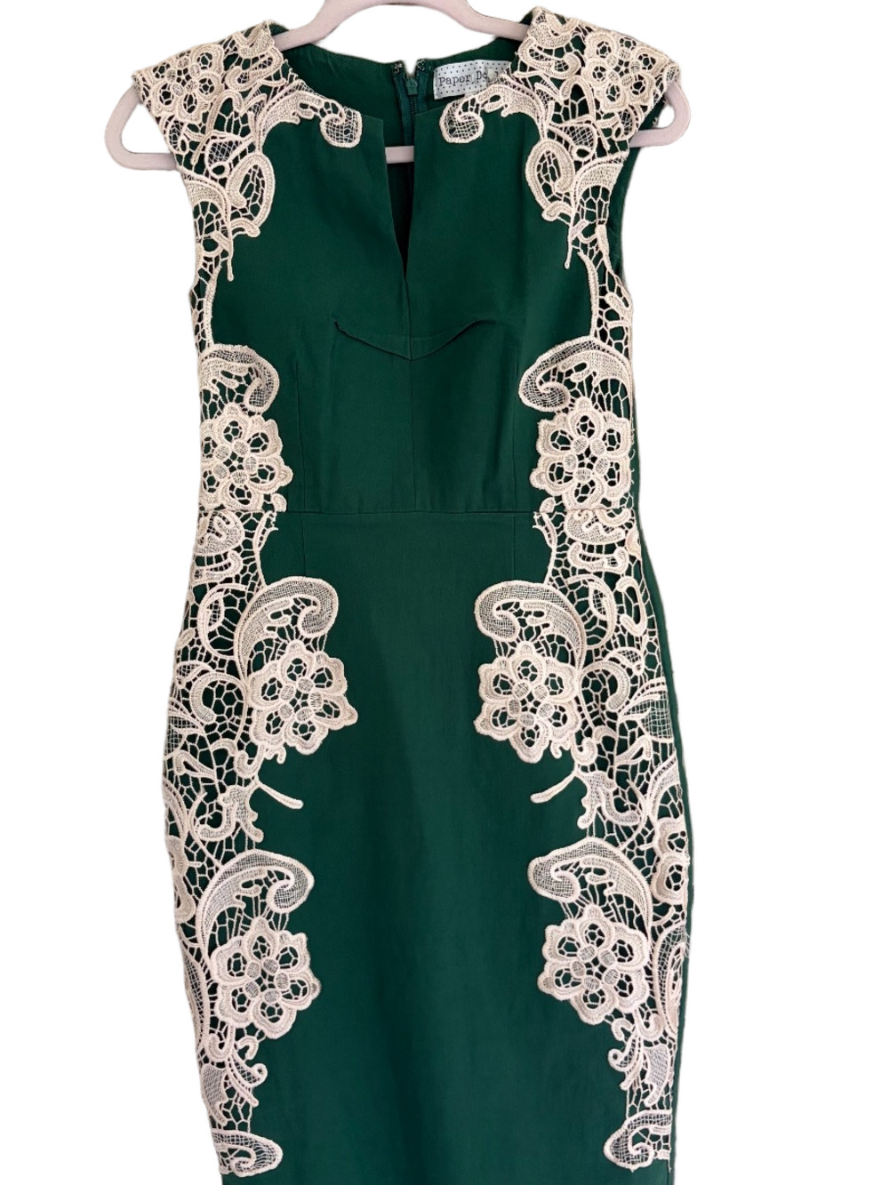 Paper doll Emerald Green Sheath Dress with Cream Lace Appliqué- Size 8